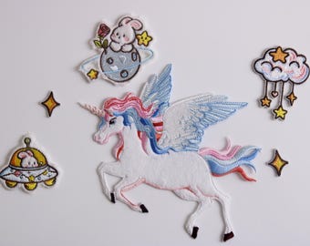 large stick on unicorn patch, set of 6 patch, bunny, star, UFO, for kid, iron on patches, embroidered patches, applique, patches by set