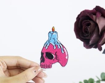 Kerze auf dem rosa Totenkopf Flicken, Aufbügler, Aufbügler, Applikation, Aufbügler, Bügelbild, zum aufbügeln,