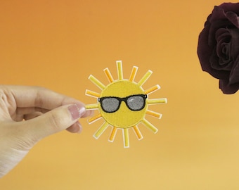 cool sun patch, summer patch, iron on patch, embroidered patch, applique, iron on clothing labels,