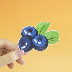 Pode incluir: Um remendo bordado com três mirtilos e folhas, em tons de azul e verde.