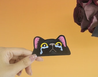 weinende schwarze Katze Aufnäher, Britisch Kurzhaar, Bügelbild, Bügelbild, Applikation, Applikation, Aufbügler, Bügelbild,