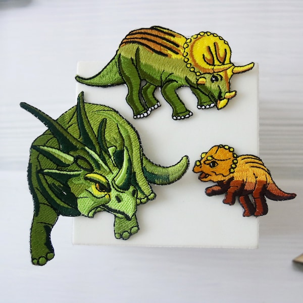 Triceratops patch, dinosaur patch, iron on patch, embroidered patch, applique, iron on clothing labels,