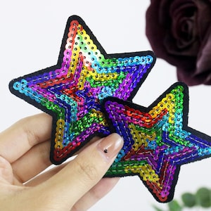 rainbow glitter sequined star patch, iron on patch, embroidered patch, applique, iron on clothing labels,