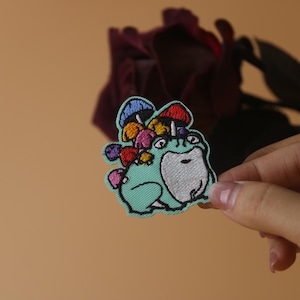 mushrooms on the frog patch, creepy patch, iron on patch, embroidered patch, applique, iron on clothing labels,