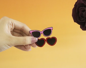 cool heart shape sunglasses patch, iron on patch, embroidered patch, applique, iron on clothing labels,