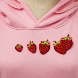 May include: A light pink hoodie with a drawstring hood. The front of the hoodie features five embroidered strawberries in varying sizes. The strawberries are red with green stems and leaves. The hoodie is made of a soft, comfortable material.