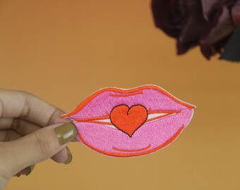blow a kiss patch, pink lip patch, cute, heart, iron on patch, embroidered patch, applique, iron on clothing labels,