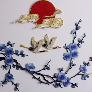 鶴のワッペン、太陽のワッペン、青い桜のワッペン、トンボのワッペン、アイロンワッペン、刺繍ワッペン、アップリケ、セットワッペン