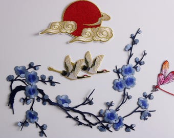crane patch, sun patch, blue cherry blossom patch, dragonfly patch, iron on patches, embroidered patches, applique, patches by set