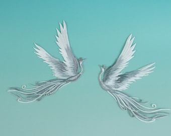 een paar grote prachtige fenikspatches, vogelspatch, opstrijkpatch, geborduurde patch, appliqué, opstrijkbare kledinglabels,