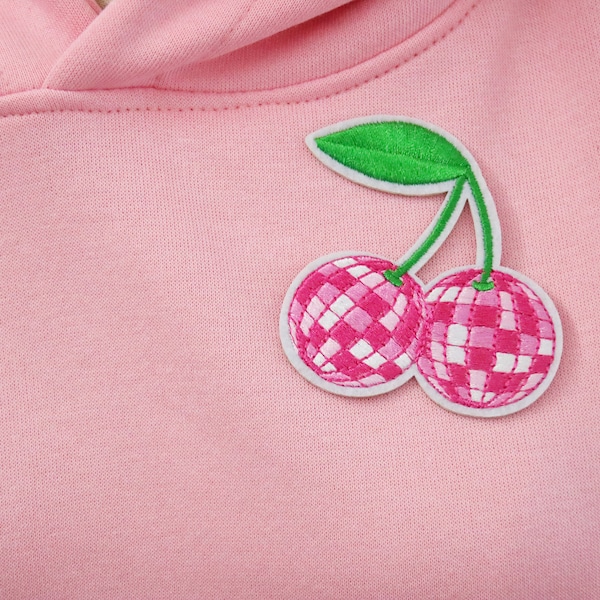 pink cherry, disco ball patch, iron on patch, embroidered patch, applique, applikation, school, geburtstagsshirt,