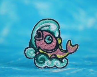 rosa Koi-lapp, hoppande fisklapp, stryklapp, broderad lapp, applikation, stryklappar på klädetiketter,