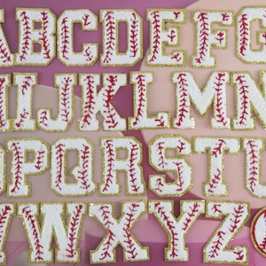 letras de fuente de béisbol hierro en parche de chenille, parche de letras del alfabeto, parche de béisbol, parche para chaqueta,