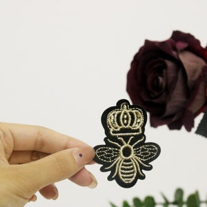 bee and crown patch, iron on patch, embroidered patch, applique, iron on clothing labels,