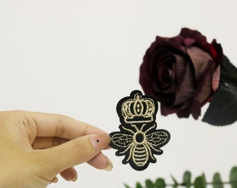 bee and crown patch, iron on patch, embroidered patch, applique, iron on clothing labels,
