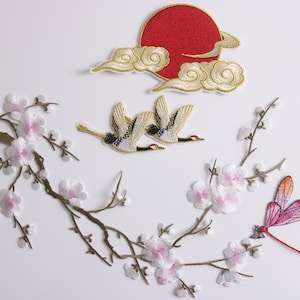 parche de grulla, parche de sol, parche de flor de cerezo, parche de libélula, parches termoadhesivos, parches bordados, apliques, parches por juego