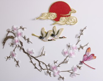 crane patch, sun patch, cherry blossom patch, dragonfly patch, iron on patches, embroidered patches, applique, patches by set