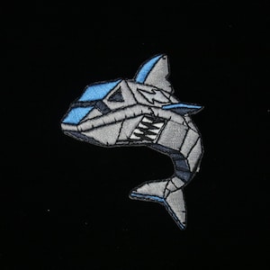 mechanical shark patch, iron on patch, embroidered patch, applique, iron on clothing labels,