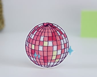 pink shining disco ball patch, iron on patch, embroidered patch, applique, iron on clothing labels,