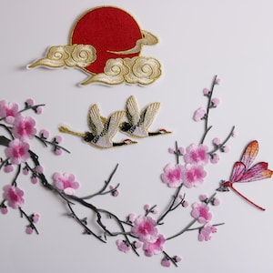 parche de grulla, parche de sol, parche de flor de cerezo rosa, parche de libélula, parches termoadhesivos, parches bordados, apliques, parches por juego