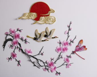 Pink Cherry Blossom Patch Set, Crane Sun Dragonfly Iron On Patches, Japanese Floral Embroidered Applique for Jackets, Vests