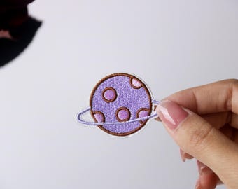 purple planet patch, cute, iron on patch, embroidered patch, applique, iron on clothing labels,