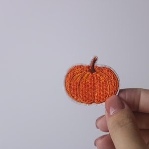 Peut inclure: Gros plan sur un patch de citrouille brodé orange. La citrouille est sur un fond blanc.