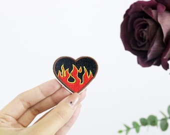 flame in the black heart patch, iron on patch, embroidered patch, applique, iron on clothing labels,