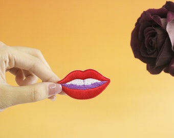 red lip patch, girl's mouth patch, iron on patch, embroidered patch, applique, iron on clothing labels,