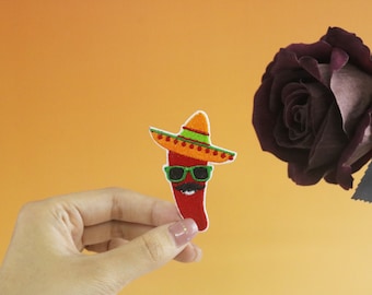 Mexico chili patch, red chili pepper patch, iron on patch, embroidered patch, applique, iron on clothing labels,