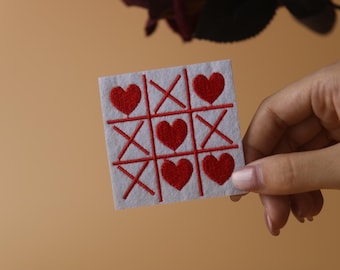 Tic Tac Toe patch, heart patch, love patch, iron on patch, embroidered patch, applique, iron on clothing labels,