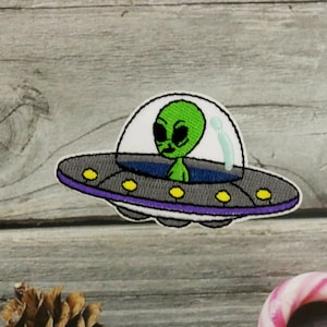 alien patch, UFO patch, iron on patch, embroidered patch, applique, iron on clothing labels,
