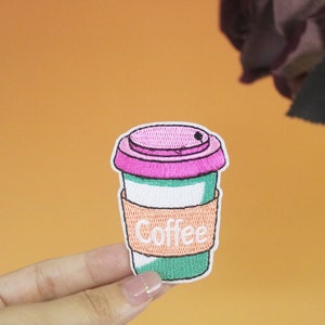 coffee patch, takeout coffee patch, iron on patch, embroidered patch, applique, iron on clothing labels,