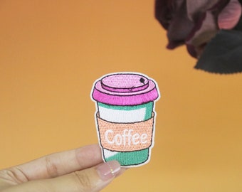 coffee patch, takeout coffee patch, iron on patch, embroidered patch, applique, iron on clothing labels,