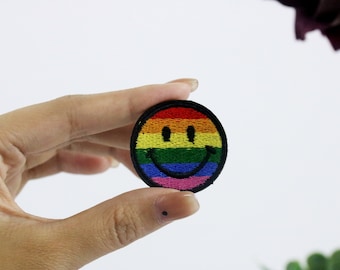 rainbow emoji patch, colorful, iron on patch, embroidered patch, applique, iron on clothing labels,