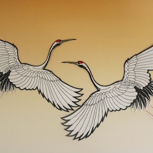 a pair of large Japanese cranes patches, bird patch, iron on patch, embroidered patch, applique, iron on clothing labels,