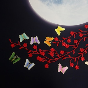 a set of 9 patches, red cherry blossom, plum blossom, butterflies, iron on patches, embroidered patches, applique, patches by set