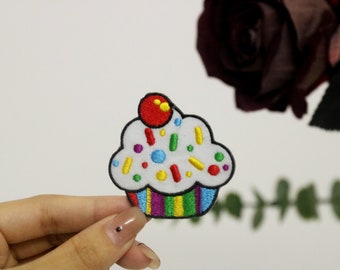 rainbow cupcake patch, iron on patch, embroidered patch, applique, iron on clothing labels,