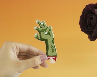 zombie's hand patch, creepy patch, iron on patch, embroidered patch, applique, iron on clothing labels,