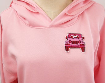 pink jeep patch, car patch, iron on patch, embroidered patch, applique, iron on clothing labels,