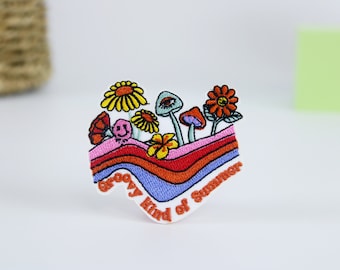 groovy kind of summer patch, rainbow, flowers, mushrooms, iron on patch, embroidered patch, applique, iron on clothing labels,