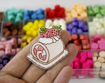 strawberry cake roll patch, iron on patch, embroidered patch, applique, iron on clothing labels,