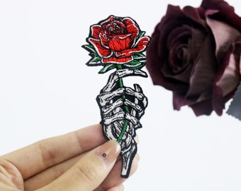 gorgeous skeleton hand with red rose patch, iron on patch, embroidered patch, applique, iron on clothing labels,