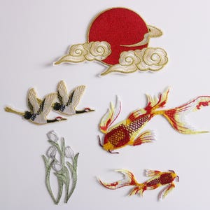 a set of 5 patches, goldfish patch, tulips patch, crane, sun patch, iron on patches, embroidered patches, applique, patches by set