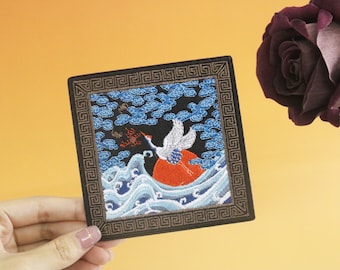 parche de grúa grande, parche de ola de mar, estilo japonés, parche para planchar, parche bordado, aplique, etiquetas de ropa para planchar,