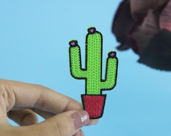 potted cactus patch, plant patch, iron on patch, embroidered patch, applique, iron on clothing labels,