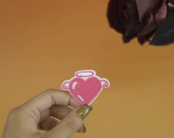 love pink heart patch, angel patch, iron on patch, embroidered patch, applique, iron on clothing labels,