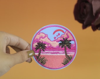 patch plage rose, patch océan rose, écusson thermocollant, écusson brodé, appliqué, fer sur les étiquettes de vêtements,