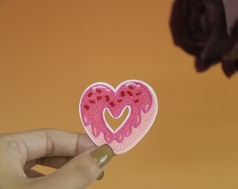 heart shape pink donut patch, iron on patch, embroidered patch, applique, iron on clothing labels,