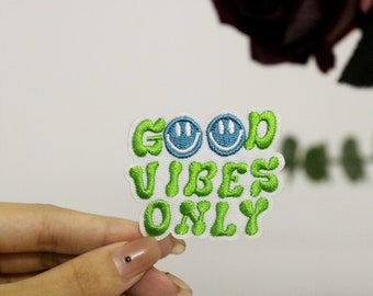 good vibes only patch, smile, iron on patch, embroidered patch, applique, iron on clothing labels,